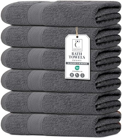Medium Size Bath Towels Set of 6 – 100% Cotton Terry – 24" x 48" – Quick Dry, Soft & Highly Absorbent – Grey Towels for Bathroom, Gym, Spa, Pool & Daily Use