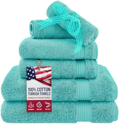 American Veteran Towel, 6 Piece Towel Set for Bathroom, 100% Cotton Turkish Bathroom Towels, 2 Bath Towels 2 Hand Towels 2 Washcloths, Turquoise Blue