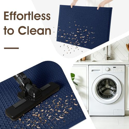 Memory Foam Bath Mat Set 3 Piece, Ultra Soft Absorbent Waffle Bathroom Rugs, Super Non-Slip PVC Backing Bath Rug Quick Dry, Machine Washable Rug for Tub, Shower, Home Decor Accessory, Navy Blue