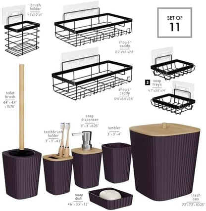 Clara Clark Bathroom Set - Purple Bathroom Accessories Set, 6PC Bathroom Accessory Set, Bathroom Sets with Adhesive Corner Shower Caddy Hanging, Toilet Brush, Trash Can & Soap Dispenser