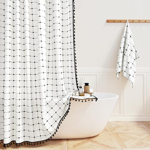 BTTN Stall Boho Farmhouse Linen Shower Curtain Set, 36x72, White and Black