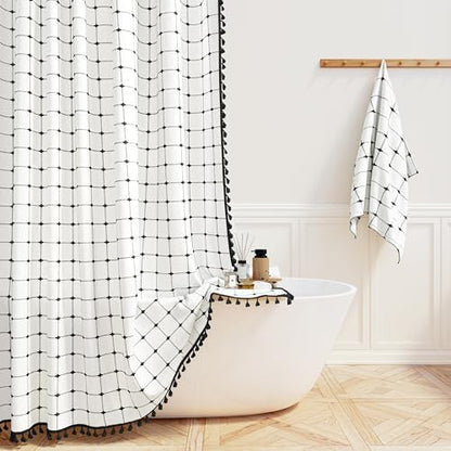 BTTN Stall Boho Farmhouse Linen Shower Curtain Set, 36x72, White and Black