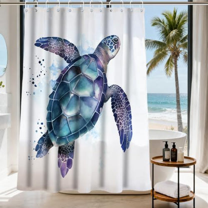 Funny Sea Turtle Shower Curtains Ocean Animal Cartoon Kids Theme Cloth Fabric Bathroom Decor Sets with Hooks Waterproof Washable 72W x 84H inches Teal Purple