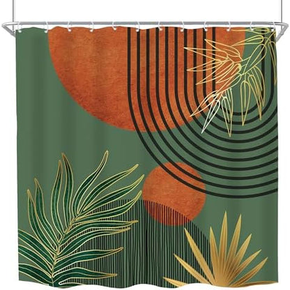 Mid Century Green Orange Boho Abstract Modern Bathroom Shower Curtain Set