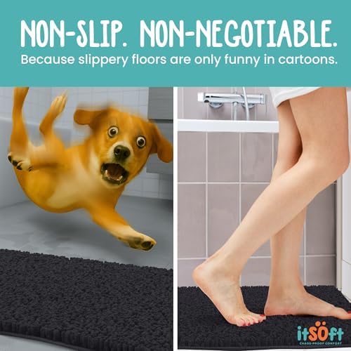 ITSOFT Small Plush Bathroom Rug 25"x18", Absorbent Machine Washable Non Slip Chenille Bath Mats, Quick Dry Bathmat, Bath Rugs for Bath, Shower, Bedroom, or Door Mat, Black