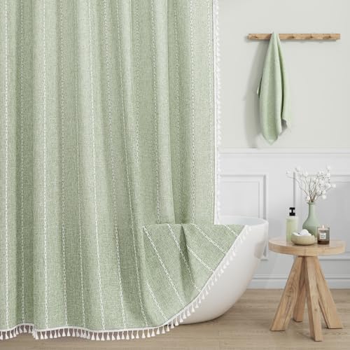 Boho Farmhouse Tassel Linen Shower Curtain,3D Embroidery Stripe Sage,48x72