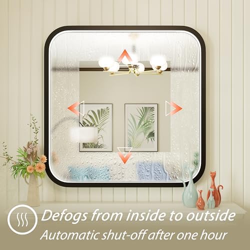 30"x30" Black LED Bathroom Mirror with Lights, 3000K/4500K/6000K