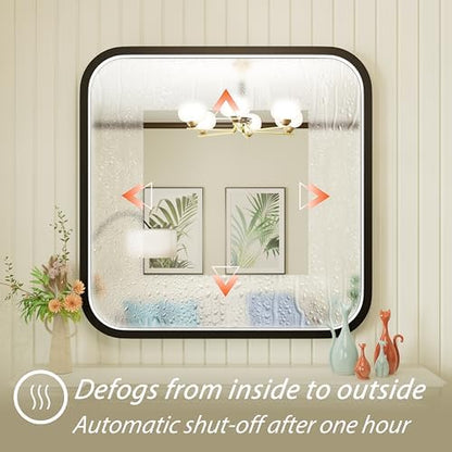 30"x30" Black LED Bathroom Mirror with Lights, 3000K/4500K/6000K