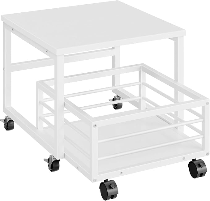 HOOBRO End Table, Mini Fridge Stand with Storage, Mini Fridge Table with Wheels and Adjustable Feet, Sturdy Metal Frame, for Living Room, Bedroom, Office, White WW155TL01