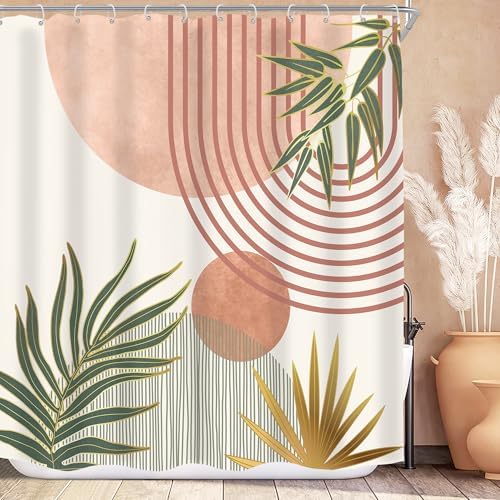Mid Century Pink Green Boho Abstract Modern Bathroom Shower Curtain Set