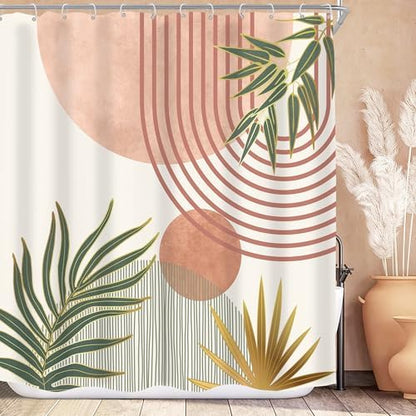 Mid Century Pink Green Boho Abstract Modern Bathroom Shower Curtain Set