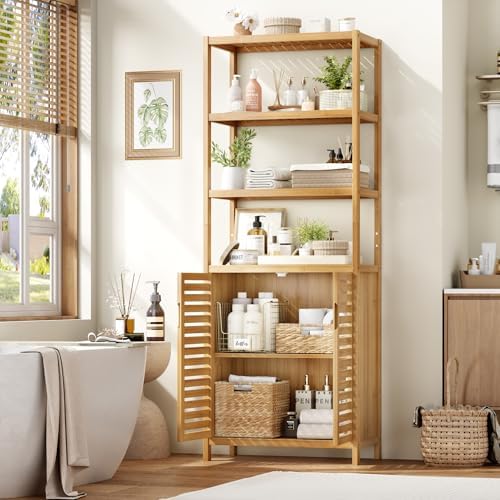 HIFIT 66" Tall Bathroom Storage Cabinet, Natural Bamboo Cabinet, for Narrow