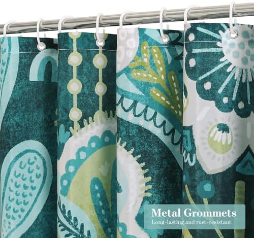 Boho Floral Shower Curtain, Deep Teal Botanical Fabric Curtain, 72 x 72