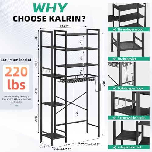 Kalrin 8-Tier Over The Toilet Storage with Side Rack, Over Toilet Storage Rack with Adjustable Shelf & Drain Basket, Freestanding Bathroom Organizer for Balcony, Laundry (Pure Black)