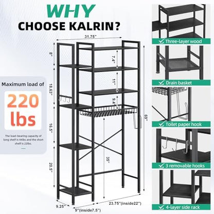 Kalrin 8-Tier Over The Toilet Storage with Side Rack, Over Toilet Storage Rack with Adjustable Shelf & Drain Basket, Freestanding Bathroom Organizer for Balcony, Laundry (Pure Black)