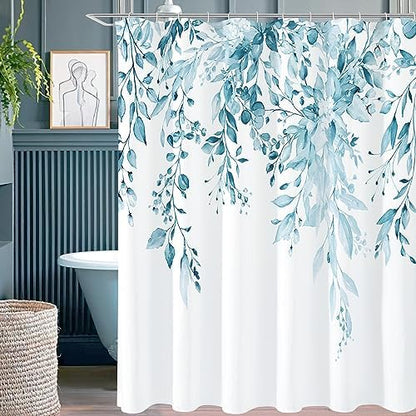 Gibelle Spa Blue Eucalyptus Shower Curtain, Watercolor Plant Leaves with Floral Bathroom Shower Curtain Set with Hooks, 72x72