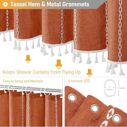 BTTN 54 x 72 Boho Linen Heavy Duty Cloth Shower Curtain Set, Burnt Orange
