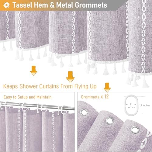 BTTN 72x78 Long Boho Farmhouse Linen Heavy Duty Shower Curtain, Lavender