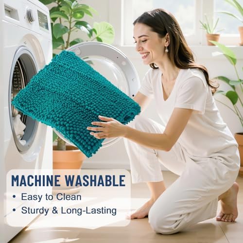Grandaily Chenille Striped Bathroom Rugs 30x20, Extra Thick and Soft Absorbent Bath Mats, Rubber Backing, Plush Shaggy Shower Carpet, Machine Wash Dry, Bath Rug for Bathroom, Deep Lake