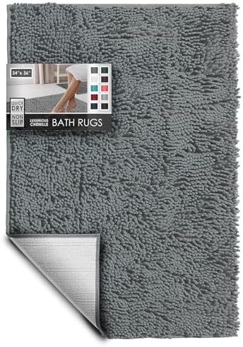 Hearth & Harbor Bathroom Rugs, Chenille Bath Mat - Machine Washable Bath Mats for Bathroom Non-Slip Backing Rubber, Quick Dry Bathroom Mat, 24 x 36 - Frost Grey