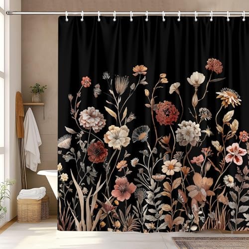 Vintage Boho Black Floral Shower Curtain, Beige Brown Cream Tan Rustic Farmhouse Flower Shower Curtain Set, Cute Botanical Wlidflowers Fabric Shower Curtains Decoration, 72X78 Bathroom Accessories
