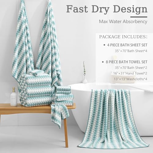 8 Piece Bathroom Towel Set Aqua |2 Oversized Large Bath Towels Sheet,2 Hand Towels and 4 Washcloths| 600GSM Ultra Soft Luxury Premium Towel Set Highly Absorbent Quick Dry Hotel Towel Collection
