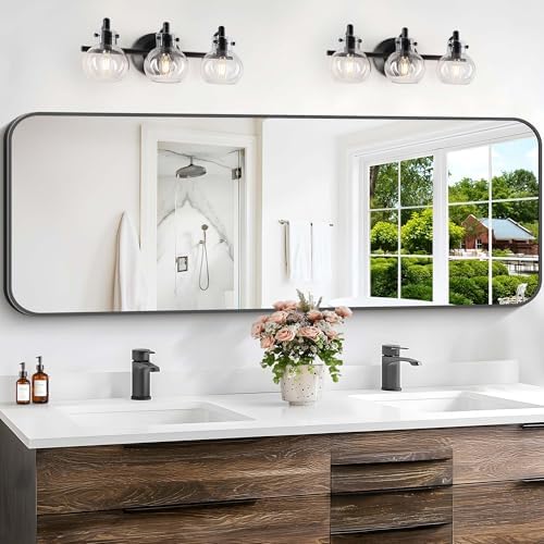 Bathroom Mirror, 60 x 24 inch Metal Framed Black Rectangle Mirror, Rounded Corner Rectangular Vanity Mirror, Large Wall Mounted Mirror for Modern Bedroom Living Room Horizontal or Vertical