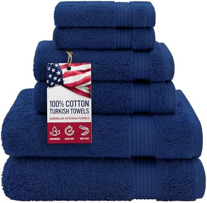 American Veteran 100% Cotton Turkish 6 Piece Luxury Towel Set - 2 Bath, 2 Hand, 2 Washcloths in Navy Blue