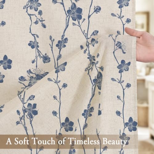 Navy Blue Farmhouse Linen Shower Curtain, Boho Floral Fabric, 72 x 84