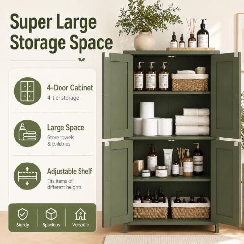 Nuturelly Bathroom Floor Storage Cabinet, 4 Doors, Anti-Tip, Pale Green