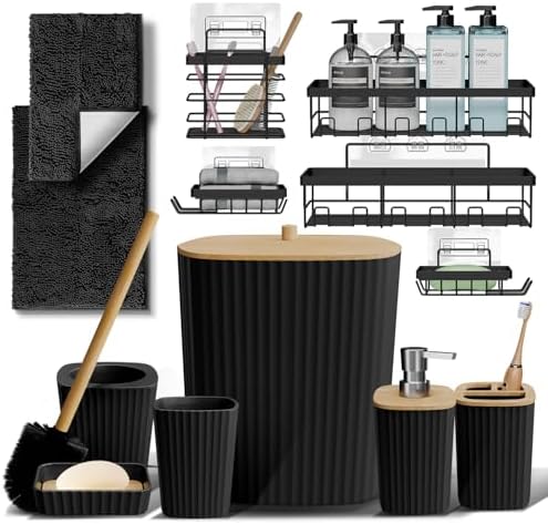 Clara Clark Bathroom Set - Black Bathroom Accessories Set, 6PC Bathroom Accessory Set, Bathroom Sets with Bathroom Rugs, Adhesive Corner Shower Caddy Hanging, Toilet Brush, Trash Can & Soap Dispenser