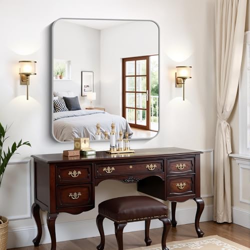 FORBATH 40x36 Inch Silver Bathroom Mirror for Over Sink, Large Rectangular Wall Mirror with Metal Frame, Rounded Corners for Bathroom, Bedroom, Entryway Decor (Horizontal or Vertical)