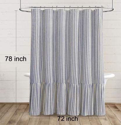 Farmhouse Shower Curtain Ruffle Linen Cream-Blue Stripe 72"W x 78"L