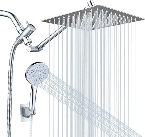 Peicuai Shower Head Combo, 10 Inch High Pressure Rain Shower Head with 11 Inch Adjustable Extension Arm, 5-Setting Handheld Shower with Long Hose, Powerful Spray for Low Water Pressure
