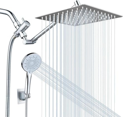 Peicuai Shower Head Combo, 10 Inch High Pressure Rain Shower Head with 11 Inch Adjustable Extension Arm, 5-Setting Handheld Shower with Long Hose, Powerful Spray for Low Water Pressure