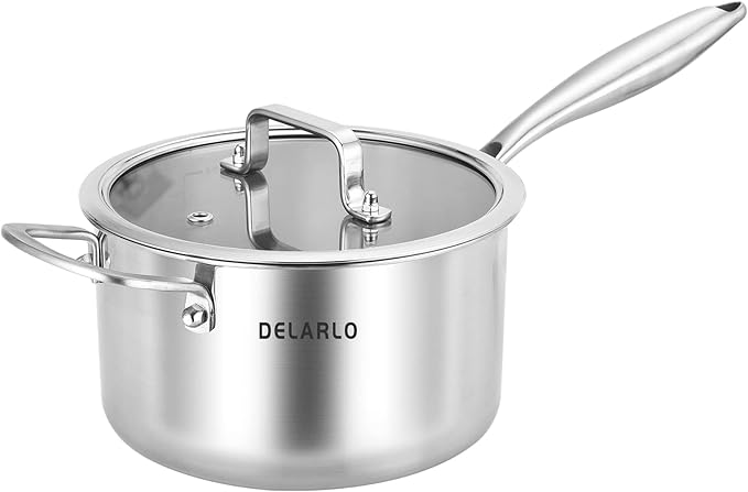 DELARLO Tri-Ply Stainless Steel Saucepan, 3.5 QT Saucepan with Lid, All Stove Compatible 500℉, Induction Sauce Pot, Heavy Duty Saucier, Dishwasher Safe Saucepan, Induction Pot 3.5 Quart, Even Heat