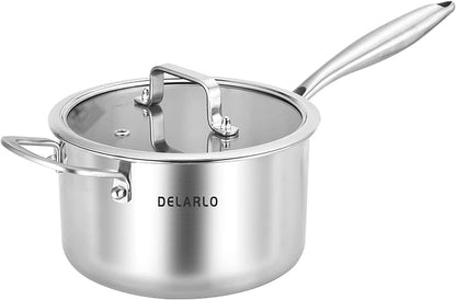 DELARLO Tri-Ply Stainless Steel Saucepan, 3.5 QT Saucepan with Lid, All Stove Compatible 500℉, Induction Sauce Pot, Heavy Duty Saucier, Dishwasher Safe Saucepan, Induction Pot 3.5 Quart, Even Heat
