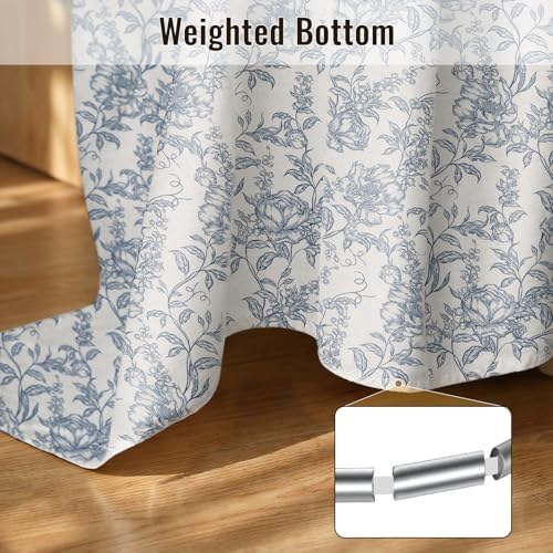 Farmhouse Blue Floral Shower Curtain with 12 Clear Rings 72"W x 84"L