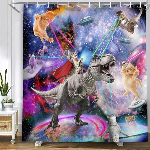 Funny Cat Shower Curtain, Cool Cat Dinosaur Japanese Ocean Wave Shower Curtain, Cat Riding Dinosaur Fun Shower Curtain Nautical Kids Children Rustic Wooden Farmhouse Shower Curtain, 60X70inch, Purple