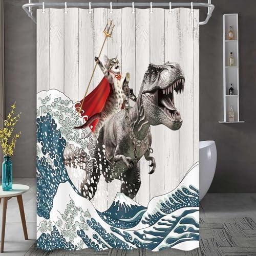 Funny Cat Shower Curtain, Cool Cat Dinosaur Japanese Ocean Wave Shower Curtain, Cat Riding Dinosaur Fun Shower Curtain Nautical Kids Children Rustic Wooden Farmhouse Shower Curtain, 36X72inch, Brown