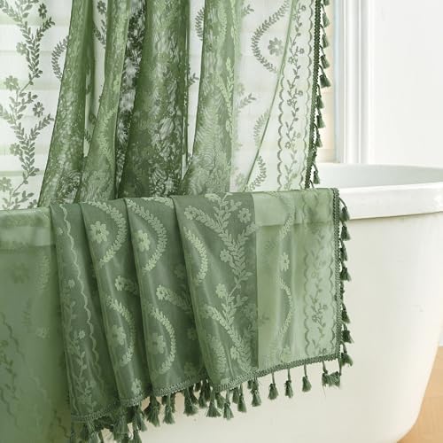 WAZZIO Dark Sage Green Lace Shower Curtain for Bathroom 72" W x 84" L, Victorian Farmhouse Floral Pattern Tassel Fancy Shower Curtain Boho Washable Cloth Decorative Bath Curtains,1 Panel