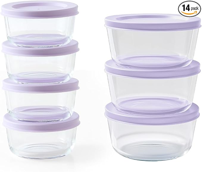 14-Piece Glass Food Storage Containers Set (7 Containers + 7 BPA-Free Lids) | 1-Cup & 2-Cup, Leakproof | Microwave, Freezer, Oven & Dishwasher Safe | Ideal for Meal Prep & Pantry Organization, Purple