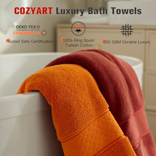 COZYART Bath Towel Set 6 PCS, Orange Luxury 100% Turkish Cotton 650GSM