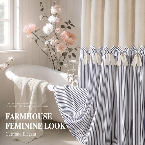 Farmhouse Shower Curtain Linen Bow Pleated Blue Stripe 72"W x 72"L
