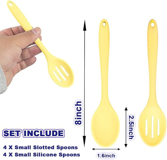 8 Pcs Heat Resistant Non Stick Silicone Serving Spoons Set -Ideal for Cooking, Baking, Mixing, Stirring Includes Slotted & Solid Spoons, Design for Nonstick Cookware (Yellow)