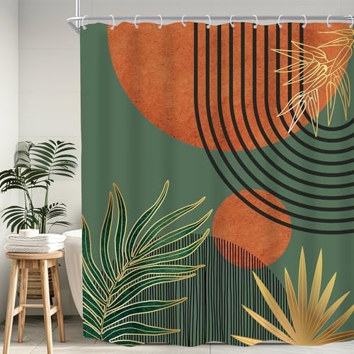 Mid Century Green Orange Boho Abstract Modern Bathroom Shower Curtain Set
