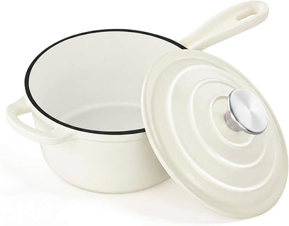 2Qt Enameled Cast Iron Sauce Pan, Leonyo Dutch Oven Pot with Lid, Non Stick Cooking Simmer Pots Induction Kitchen Cookware for All Cooktops Baking Bread, Soup, Ramen - Up to 500°F, Cream White
