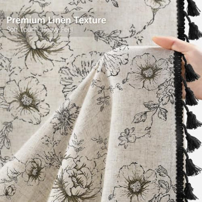 Farmhouse Floral Vintage Shower Curtain for Bathroom, Black and Tassels
