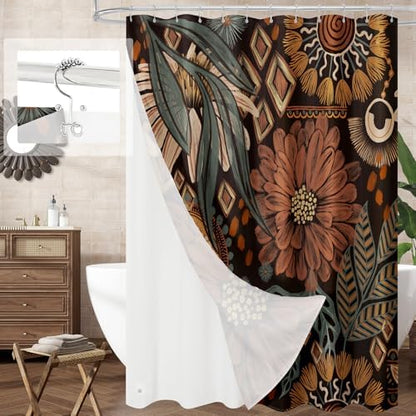 3 in 1 Dark Floral Shower Curtain Set with PEVA Liner & 12 Hooks, 72 x 84