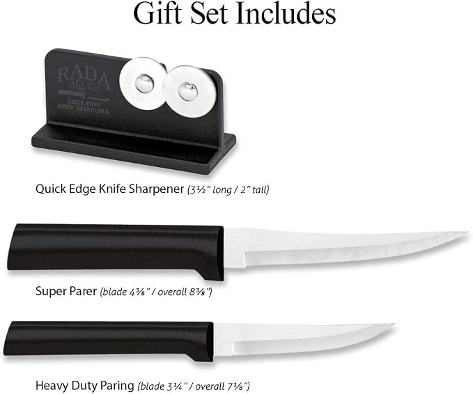Rada Cutlery Paring Plus Sharpener Set (G236), 3-Piece Knife Set with Quick Edge Knife Sharpener, Stainless Steel Blades, Black Handle